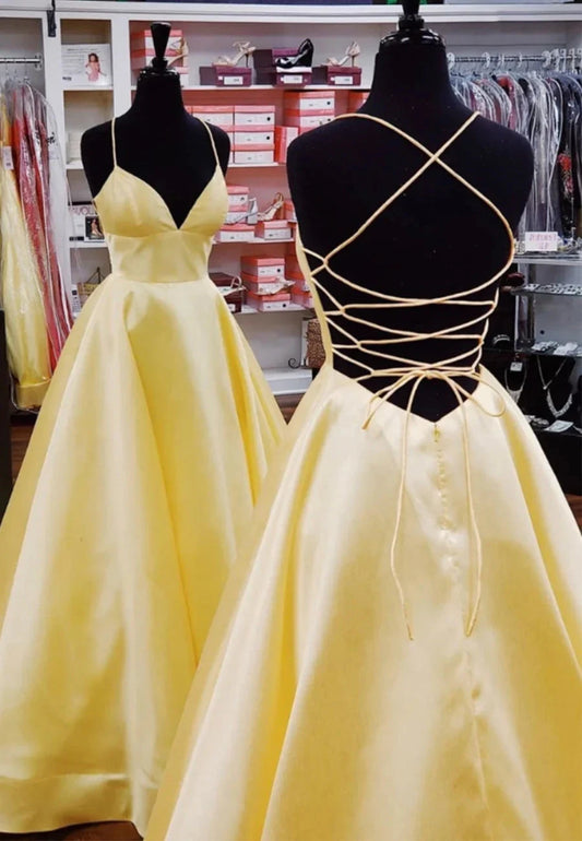 Yellow Satin Long Prom Dresses Simple A-Line Elegant Dress Classy simple gentle atmospheric and unique desi Bring summer colors to enhance whiteness by YiHuiw