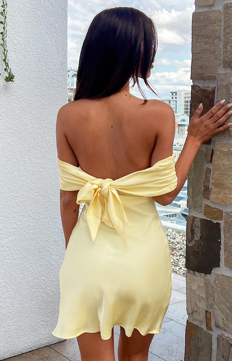 Yellow Satin Off the Shoulder Adjustable bow tie detail at back Mini Dress by lanqidress