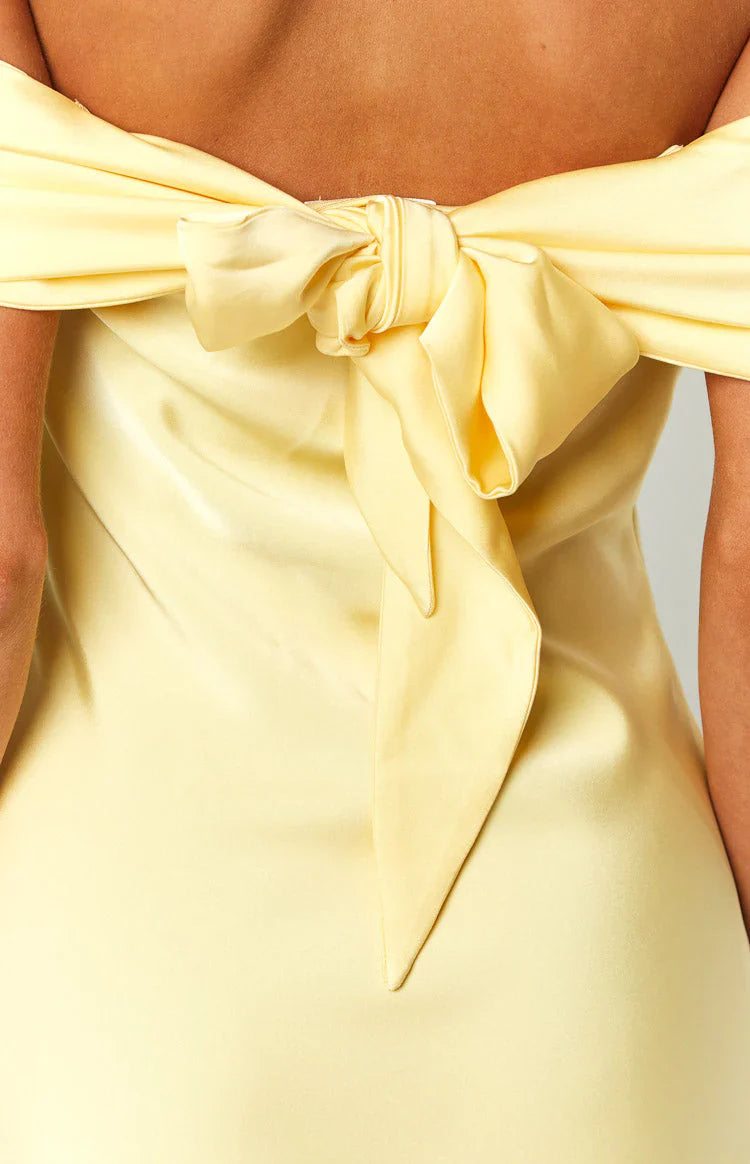 Yellow Satin Off the Shoulder Adjustable bow tie detail at back Mini Dress by lanqidress