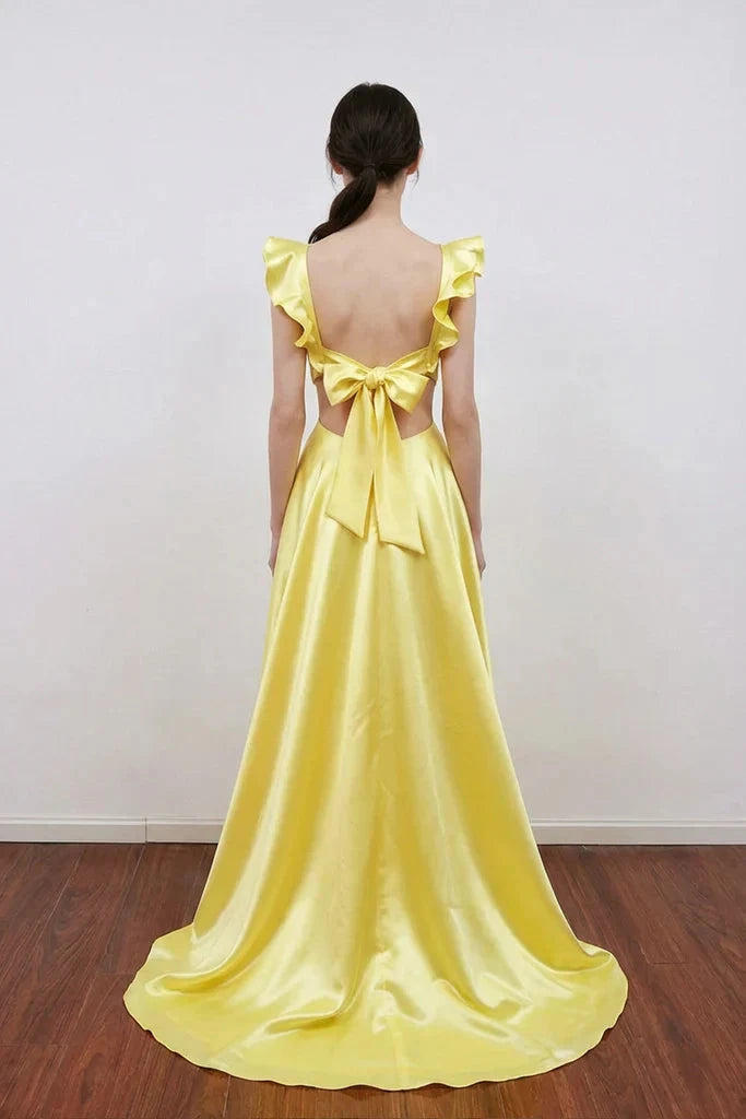 Yellow Satin Ruffle Prom Dresses Backless Bow Train Formal Evening Gown by JiMiss Dresses