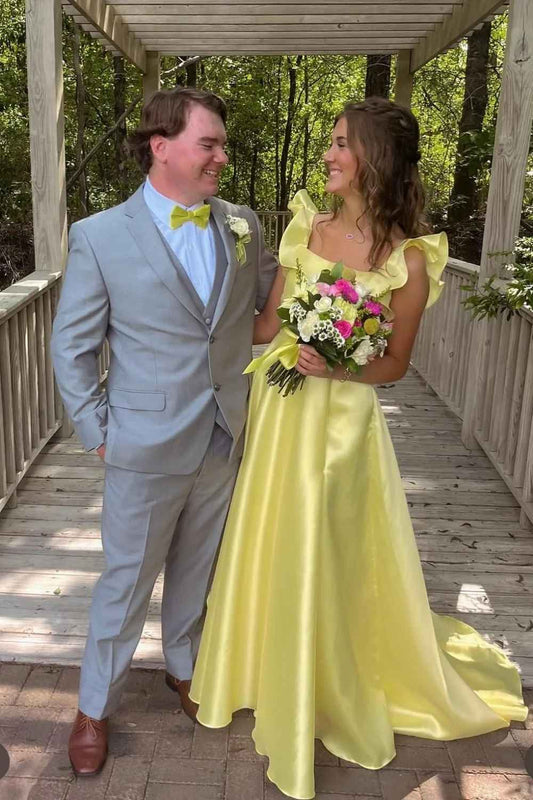 Yellow Satin Ruffle Prom Dresses Backless Bow Train Formal Evening Gown by JiMiss Dresses