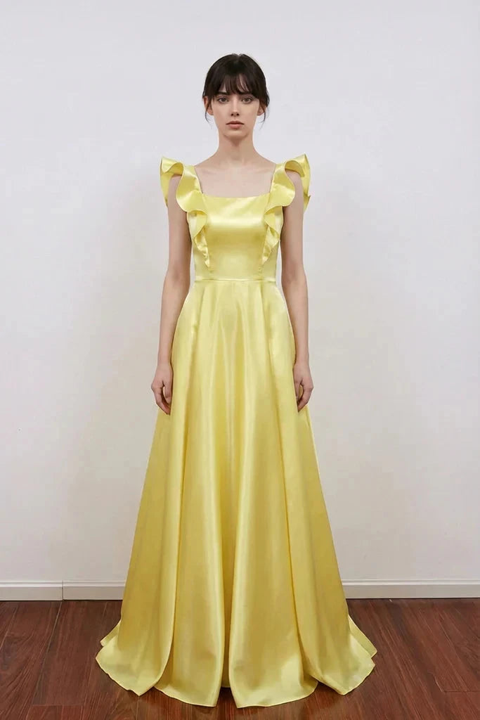 Yellow Satin Ruffle Prom Dresses Backless Bow Train Formal Evening Gown by JiMiss Dresses