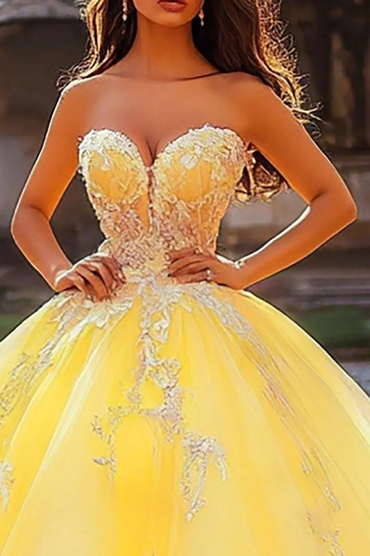 Yellow Strapless Ball Gown Prom Dress with Floral Lace Appliques and Tulle Skirt