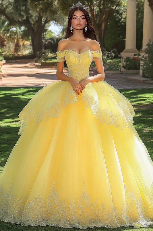 Yellow Off-the-Shoulder Ball Gown Prom Dress with Corset Bodice and Tulle Skirt