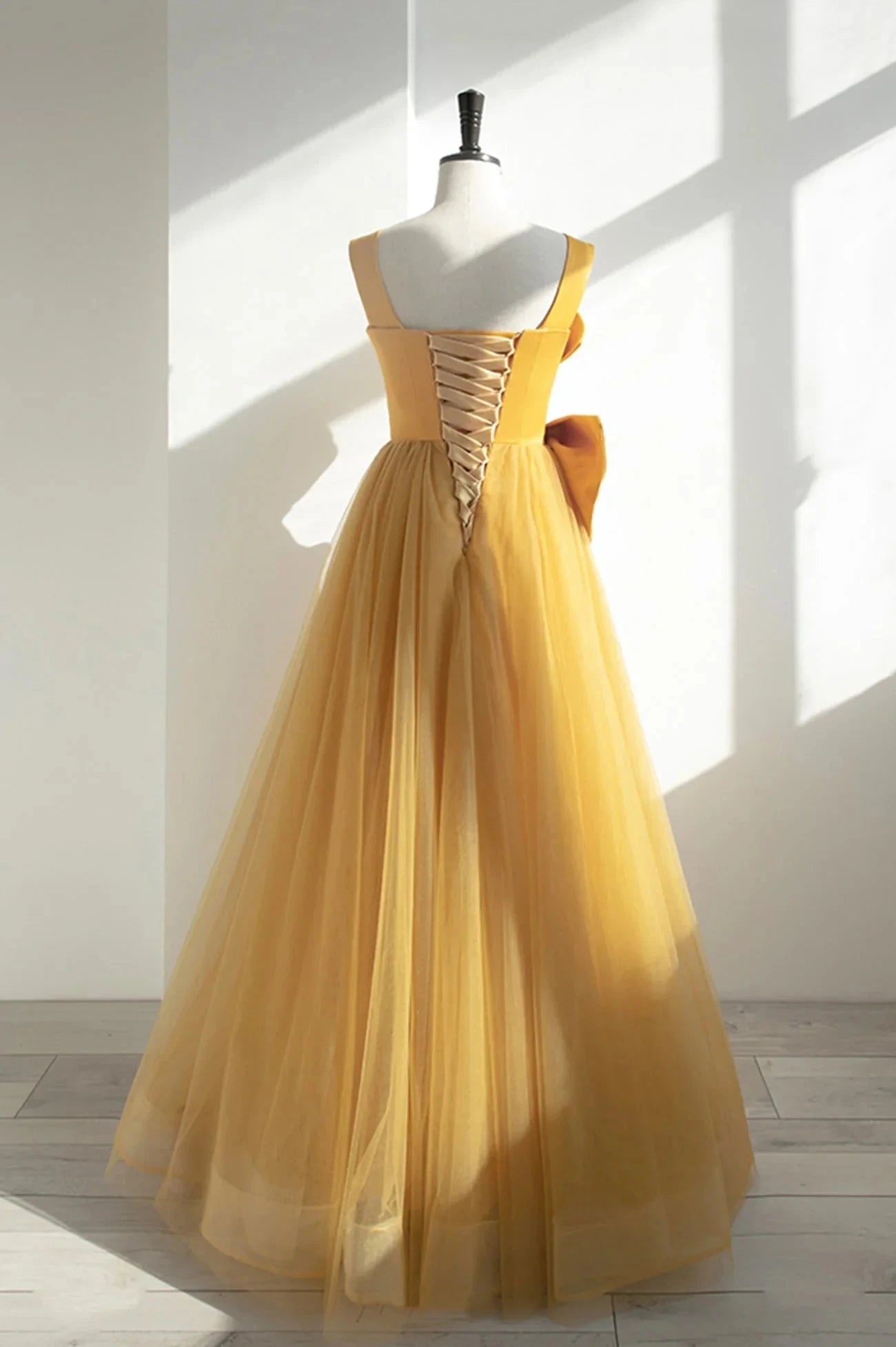 Yellow Tulle Long A-Line Prom Dress Cute Evening Dress with Bow simple gentle atmospheric and unique desi Bring summer colors to enhance whitenes by YiHuiw
