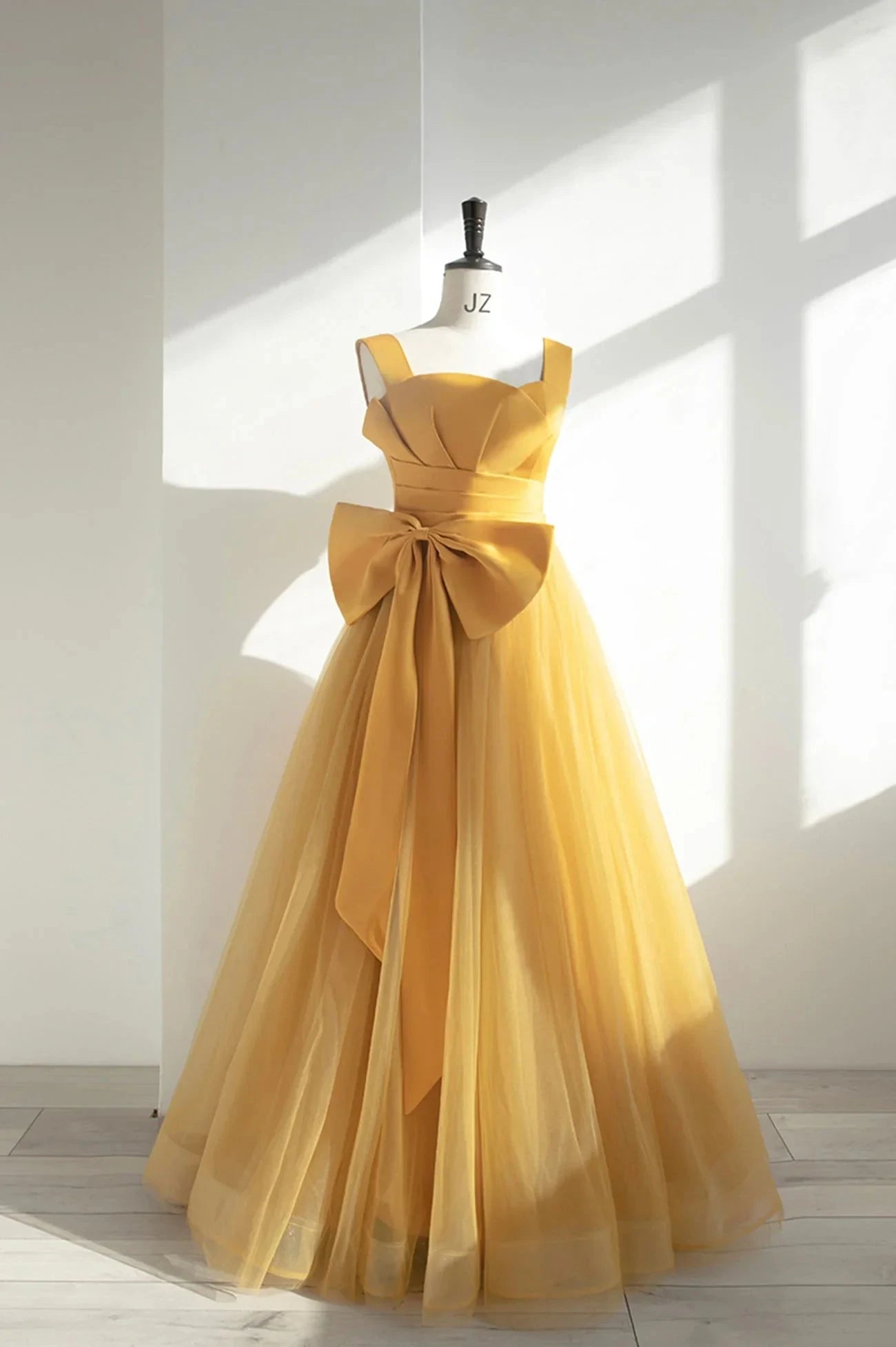 Yellow Tulle Long A-Line Prom Dress Cute Evening Dress with Bow simple gentle atmospheric and unique desi Bring summer colors to enhance whitenes by YiHuiw