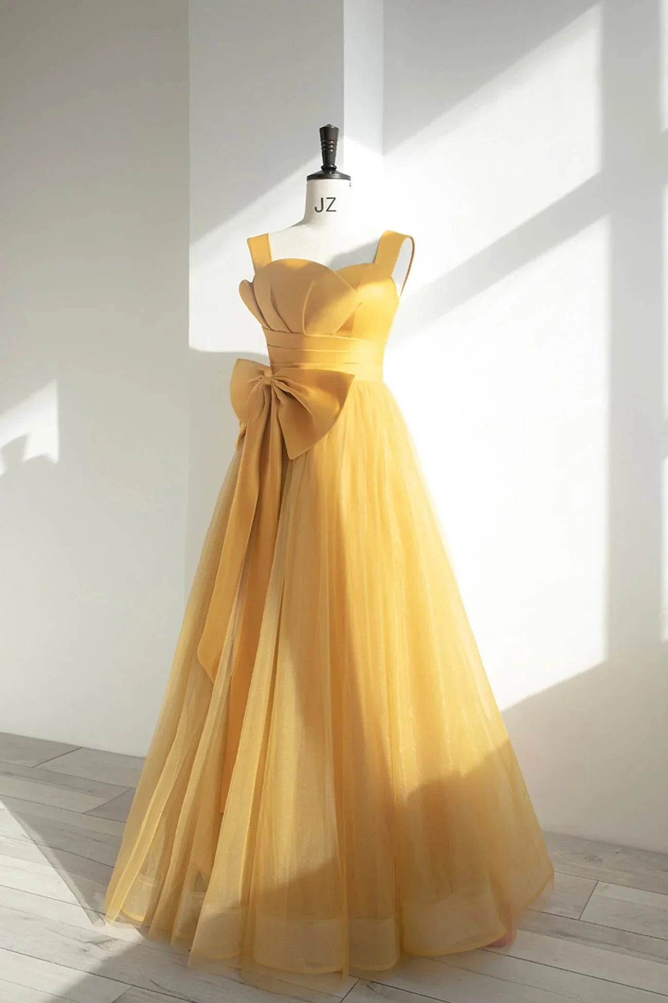 Yellow Tulle Long A-Line Prom Dress Cute Evening Dress with Bow simple gentle atmospheric and unique desi Bring summer colors to enhance whitenes by YiHuiw