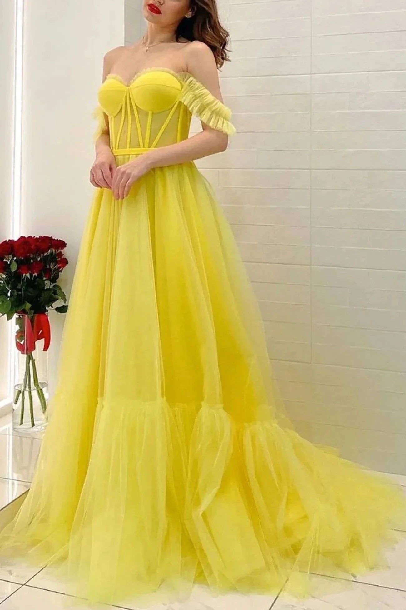 Yellow Tulle Long A-Line Prom Dress Off the Shoulder Evening Party Dress simple gentle atmospheric and unique desi Bring summer colors to enhance whitenes by YiHuiw