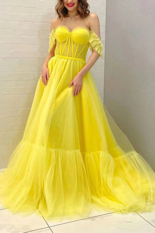 Yellow Tulle Long A-Line Prom Dress Off the Shoulder Evening Party Dress simple gentle atmospheric and unique desi Bring summer colors to enhance whitenes by YiHuiw