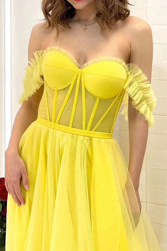 Yellow Tulle Long A-Line Prom Dress Off the Shoulder Evening Party Dress simple gentle atmospheric and unique desi Bring summer colors to enhance whitenes by YiHuiw