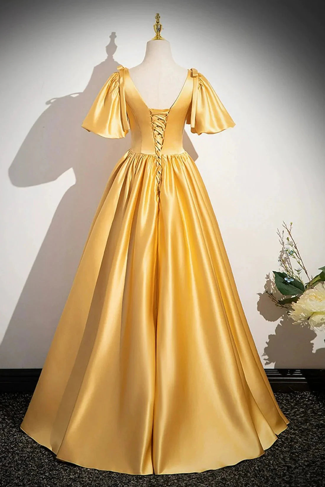 Yellow V-Neck Satin Long Prom Dress Yellow A-Line Short Sleeve Evening Dress simple gentle atmospheric and unique desi Bring summer colors to enhance white by YiHuiw