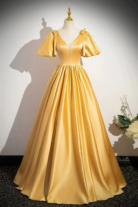 Yellow V-Neck Satin Long Prom Dress Yellow A-Line Short Sleeve Evening Dress simple gentle atmospheric and unique desi Bring summer colors to enhance white by YiHuiw