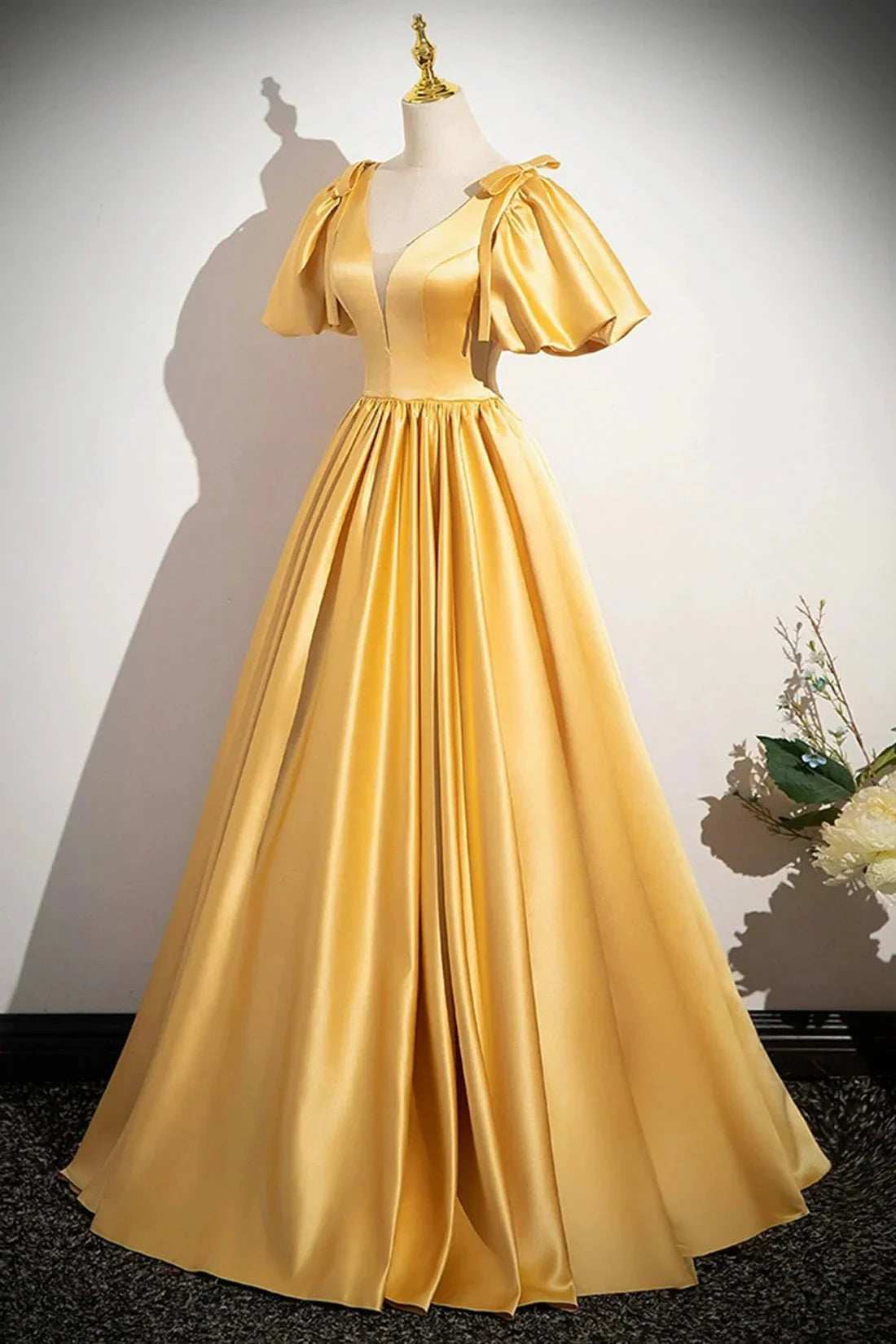 Yellow V-Neck Satin Long Prom Dress Yellow A-Line Short Sleeve Evening Dress simple gentle atmospheric and unique desi Bring summer colors to enhance white by YiHuiw