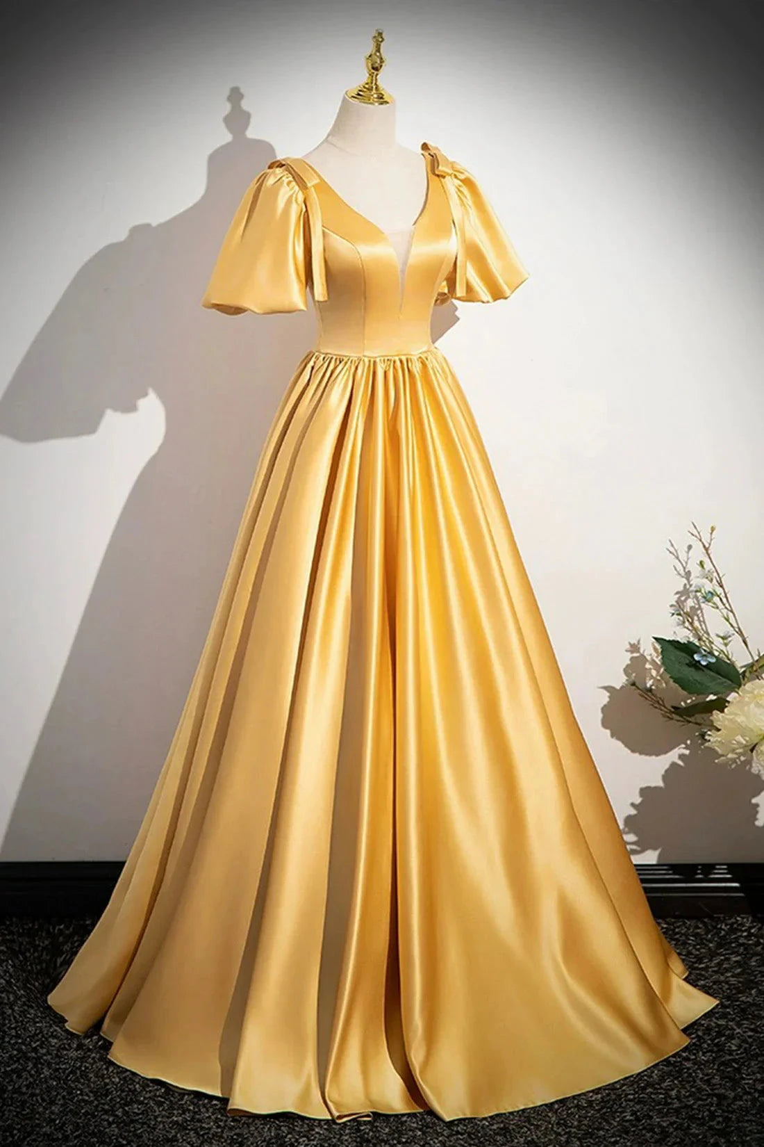 Yellow V-Neck Satin Long Prom Dress Yellow A-Line Short Sleeve Evening Dress simple gentle atmospheric and unique desi Bring summer colors to enhance white by YiHuiw