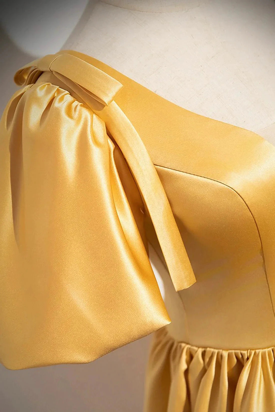 Yellow V-Neck Satin Long Prom Dress Yellow A-Line Short Sleeve Evening Dress simple gentle atmospheric and unique desi Bring summer colors to enhance white by YiHuiw