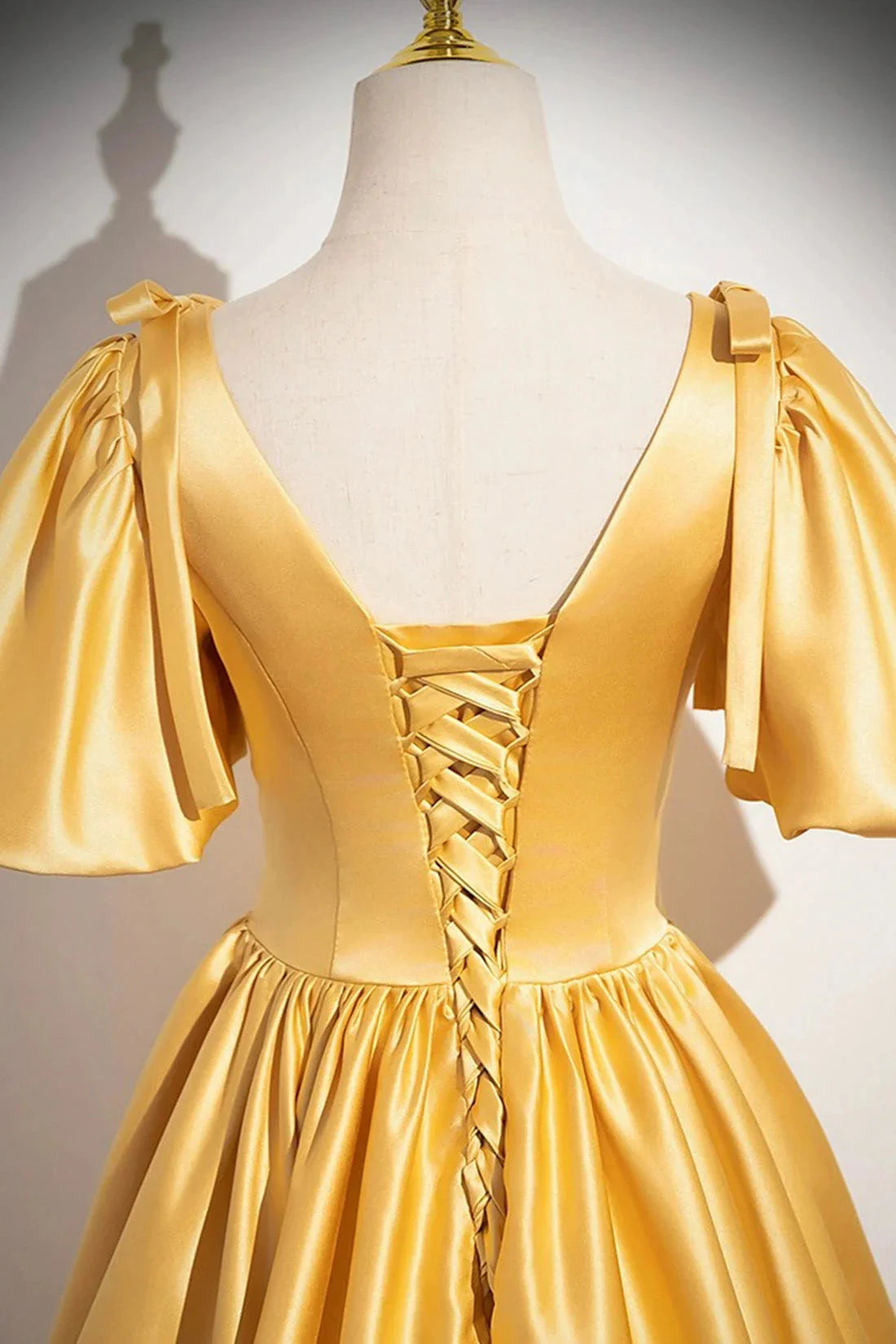 Yellow V-Neck Satin Long Prom Dress Yellow A-Line Short Sleeve Evening Dress simple gentle atmospheric and unique desi Bring summer colors to enhance white by YiHuiw