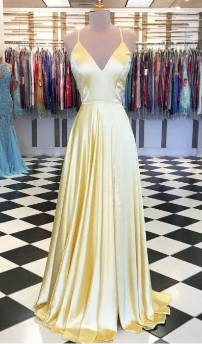 Yellow satin dress with suspender and deep V-neck, suitable for occasions such as dinners, dances, etc by YiHuiw