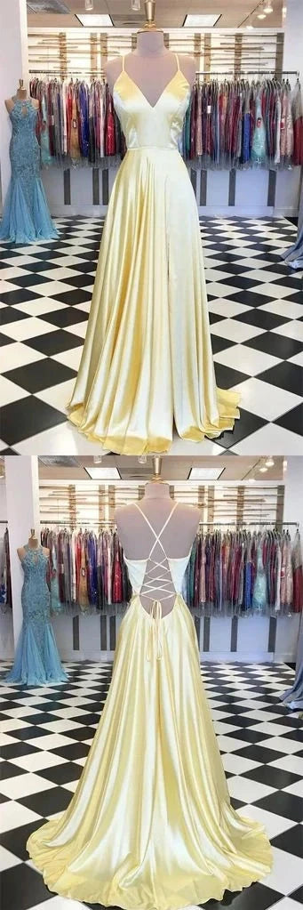 Yellow satin dress with suspender and deep V-neck, suitable for occasions such as dinners, dances, etc by YiHuiw