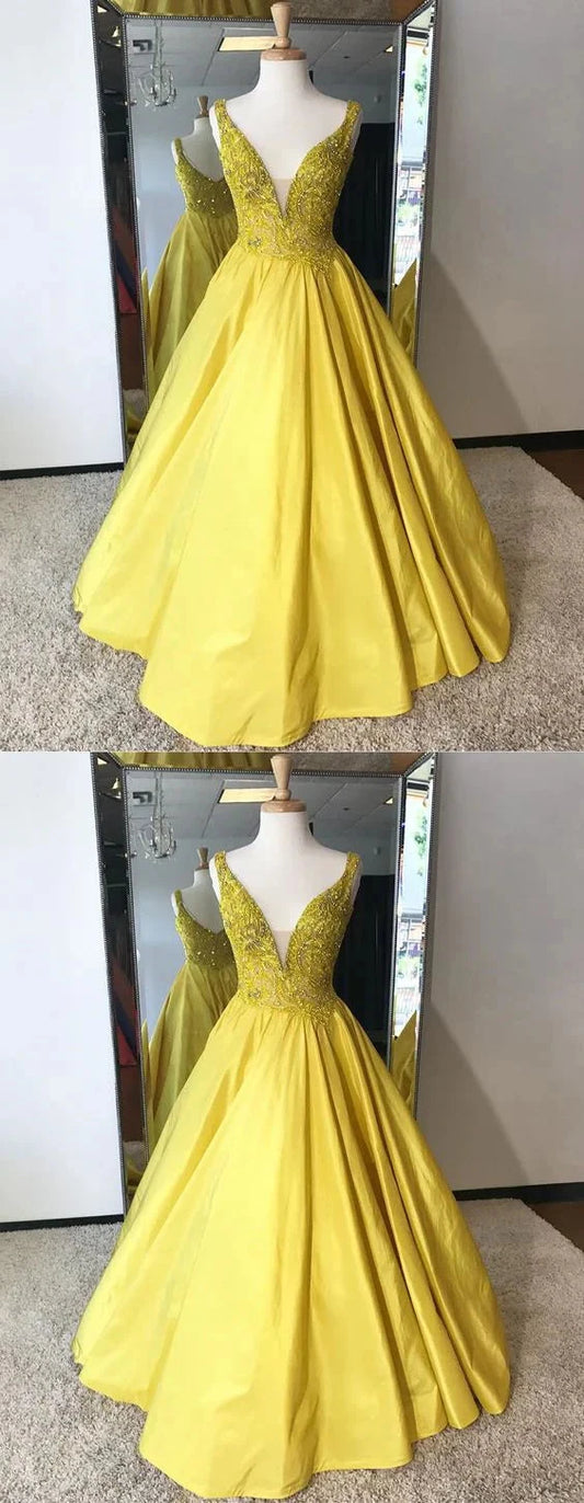 Yellow sleeveless long dress with a deep V-neckline and exquisite sequins or embroidery decorations on the upper body, suitable for dinners, dances, etc by YiHuiw