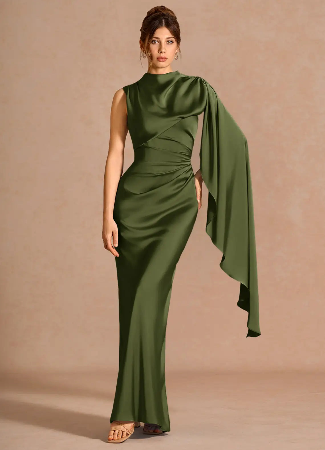 Mermaid High Neck Satin Draped Floor-Length Wedding Dress - Yihuiw by Yihuiw