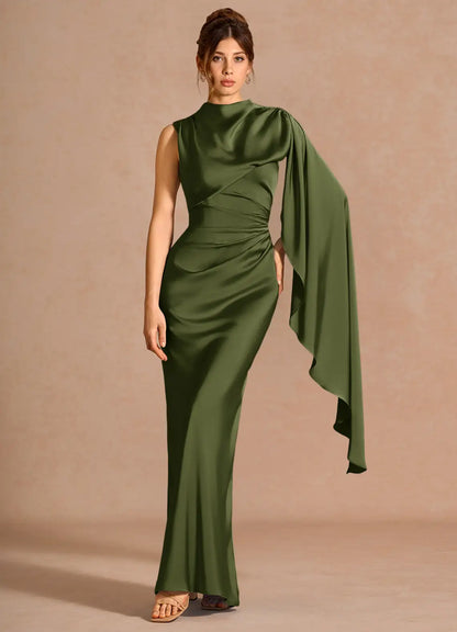 Mermaid High Neck Satin Draped Floor-Length Wedding Dress - Yihuiw by Yihuiw