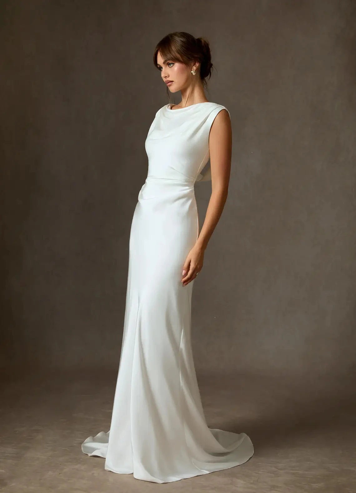 Elegant Satin Wedding Dress with Ruched Bodice Mermaid Silhouette Dramatic Cowl Back by YiHuiw