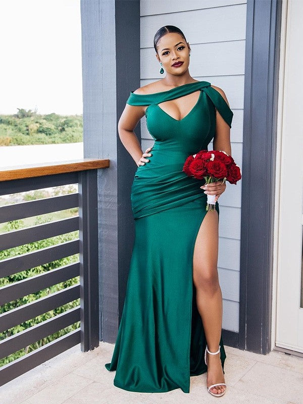 Sheath/Column Off-the-Shoulder Ruched Sleeveless Sweep/Brush Train Bridesmaid Dresses by YiHuiw