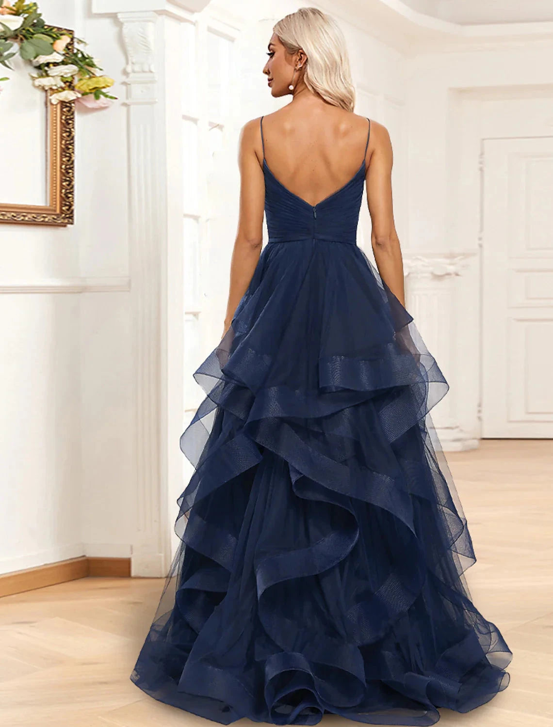 A-Line Evening Gown Tiered Plisse Dress Formal Wedding Guest Sweep / Brush Train Sleeveless Spaghetti Strap Organza with Ruched Ruffles Slit by YiHuiw