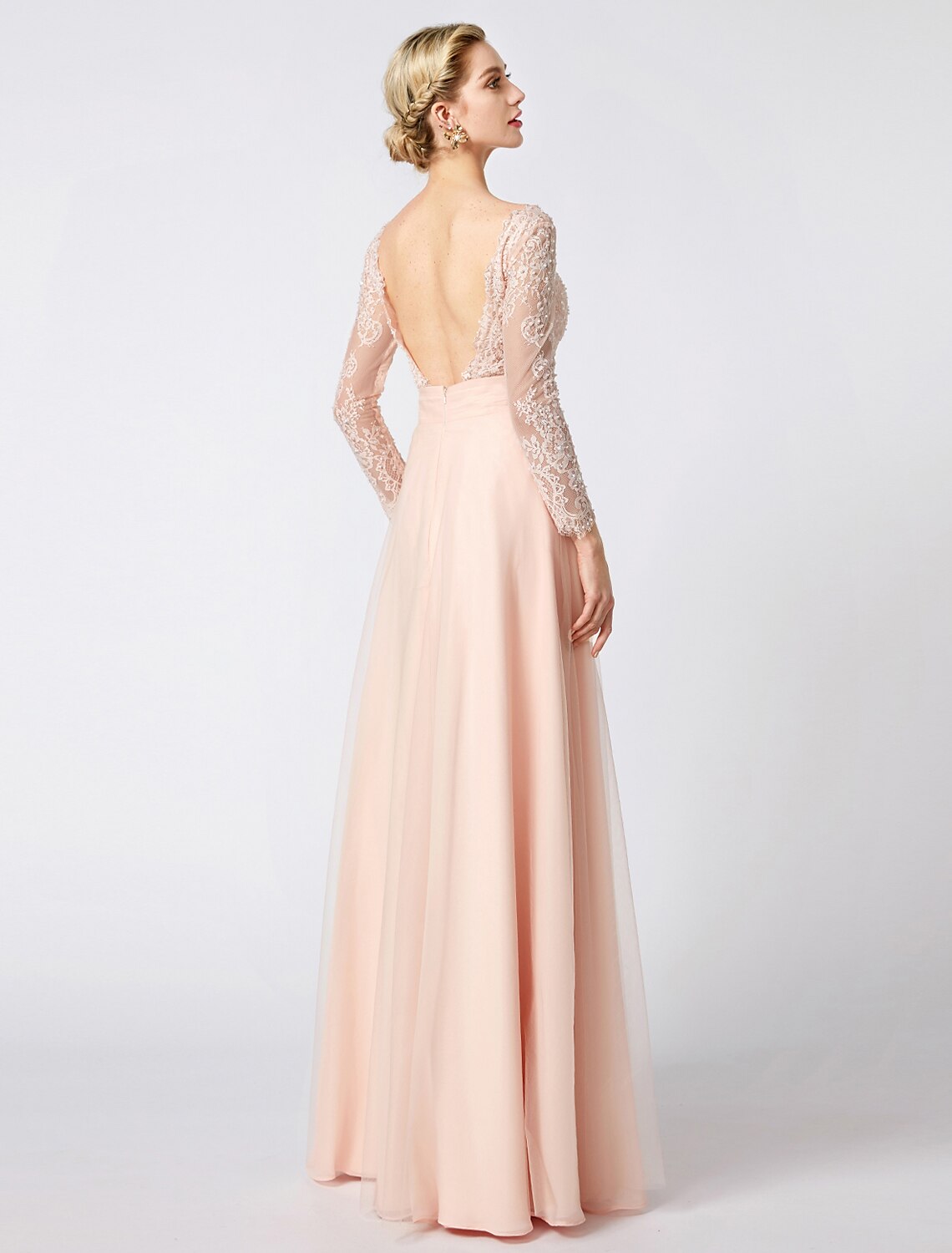 Ball Gown Pastel Colors Dress Holiday Cocktail Party Floor Length Long Sleeve V Neck Tulle Low Back with Beading Appliques by YiHuiw