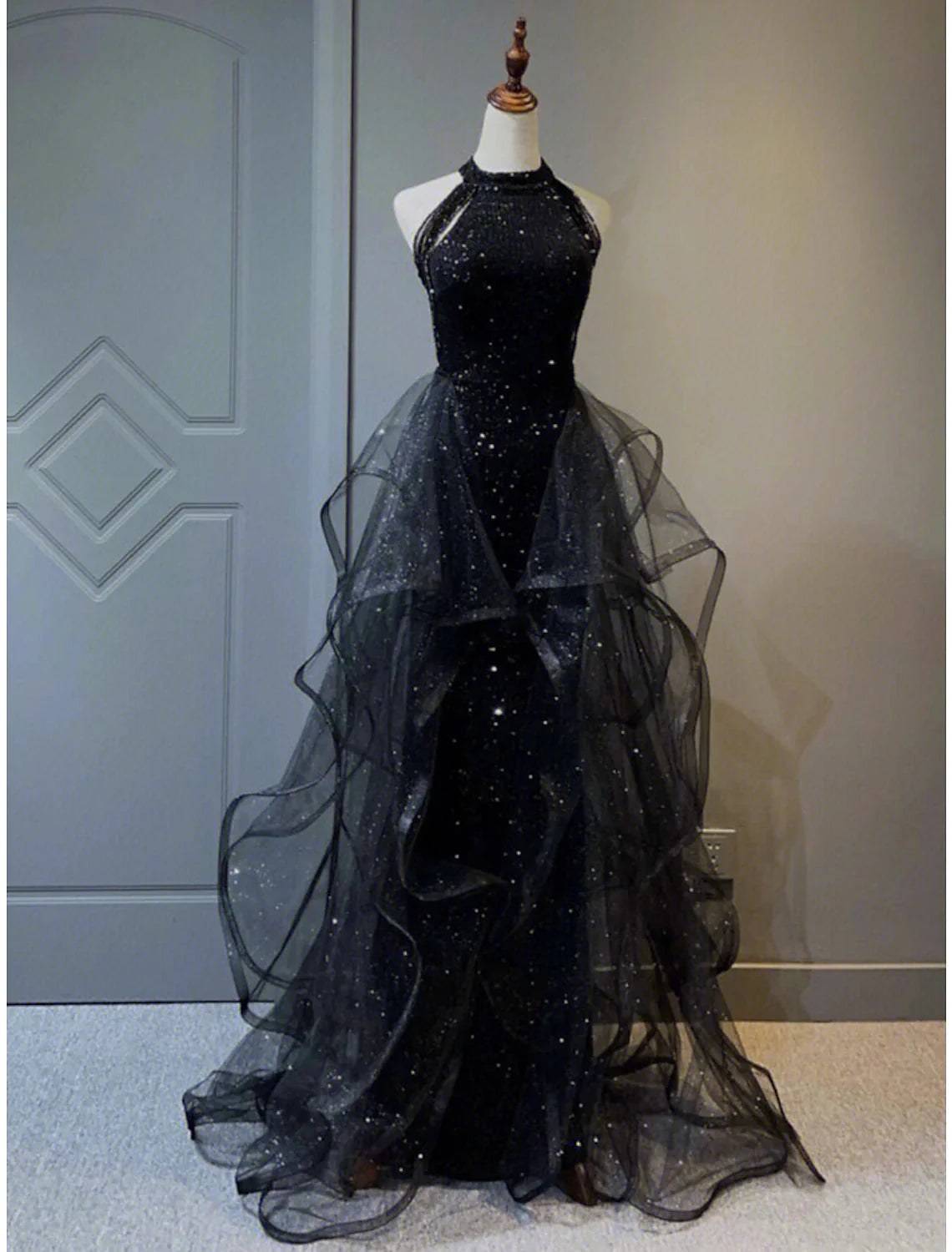 A-Line Prom Black Dress Vintage Dress Wedding Party Birthday Sweep / Brush Train Sleeveless Halter Neck Wednesday Addams Family Sequined with Crystals Sequin Ruffles by YiHuiw
