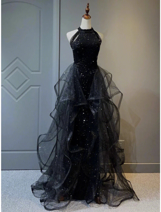 A-Line Prom Black Dress Vintage Dress Wedding Party Birthday Sweep / Brush Train Sleeveless Halter Neck Wednesday Addams Family Sequined with Crystals Sequin Ruffles by YiHuiw