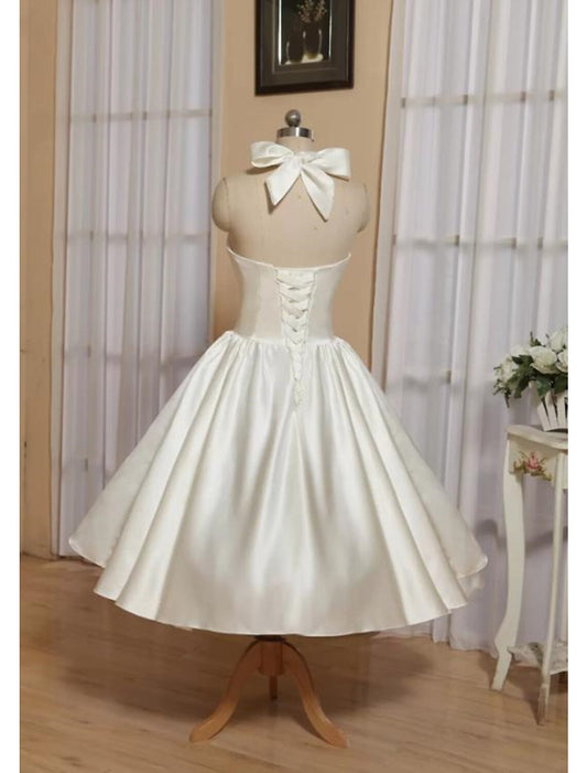 Ball Gown A-Line Cocktail Dresses Minimalist Dress Engagement Cocktail Party Tea Length Sleeveless Halter Neck Italy Satin with Butterfly Pure Color by YiHuiw