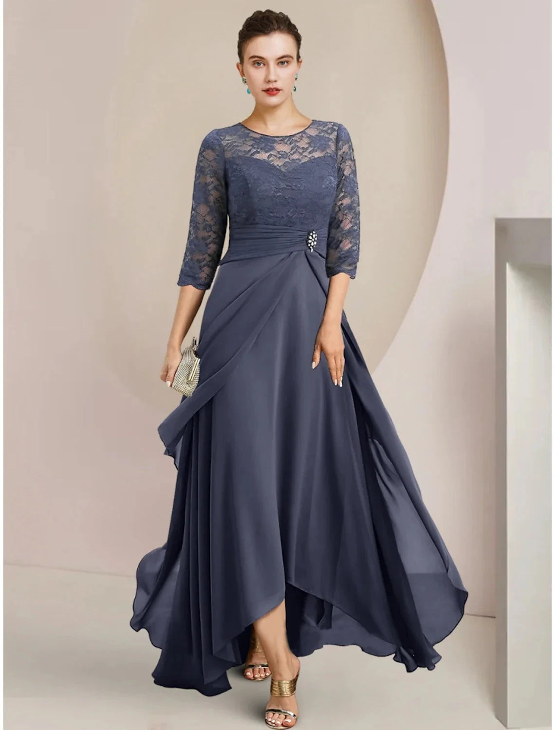 A-Line Mother of the Bride Dress Wedding Guest Elegant Jewel Neck Asymmetrical Chiffon Half Sleeve with Lace Crystal Brooch Ruching by YiHuiw