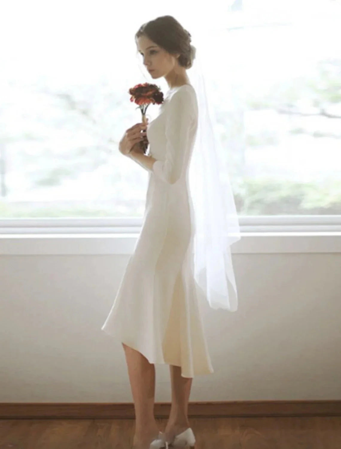 Reception Little White Dresses Fall Wedding Dresses Mermaid / Trumpet V Neck 3/4 Length Sleeve Asymmetrical Satin Bridal Gowns With Summer Wedding Party Women‘s Clothing by YiHuiw