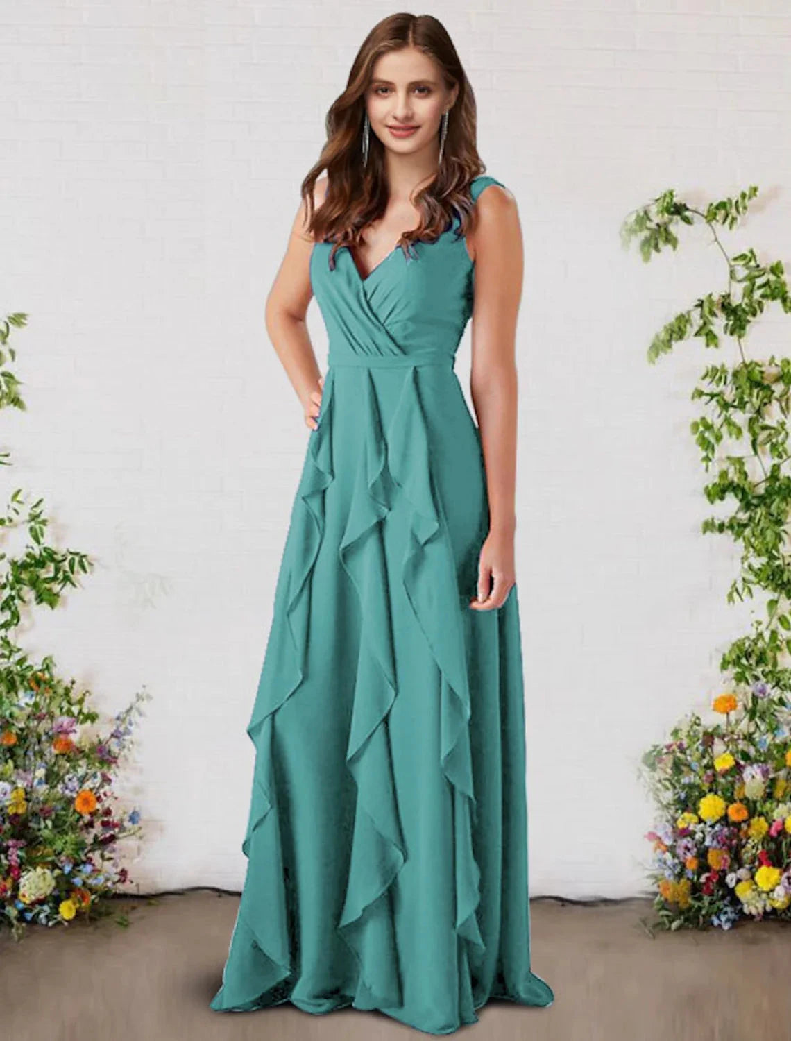 A-Line Bridesmaid Dress V Neck Sleeveless Elegant Floor Length Chiffon with Ruffles by YiHuiw
