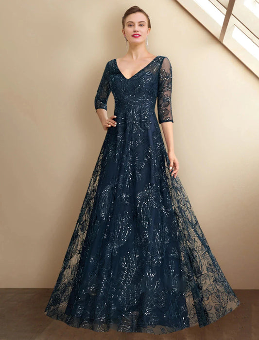 A-Line Mother of the Bride Dress Elegant Sparkle & Shine V Neck Floor Length Chiffon Lace Sequined 3/4 Length Sleeve with Sequin Appliques by YiHuiw