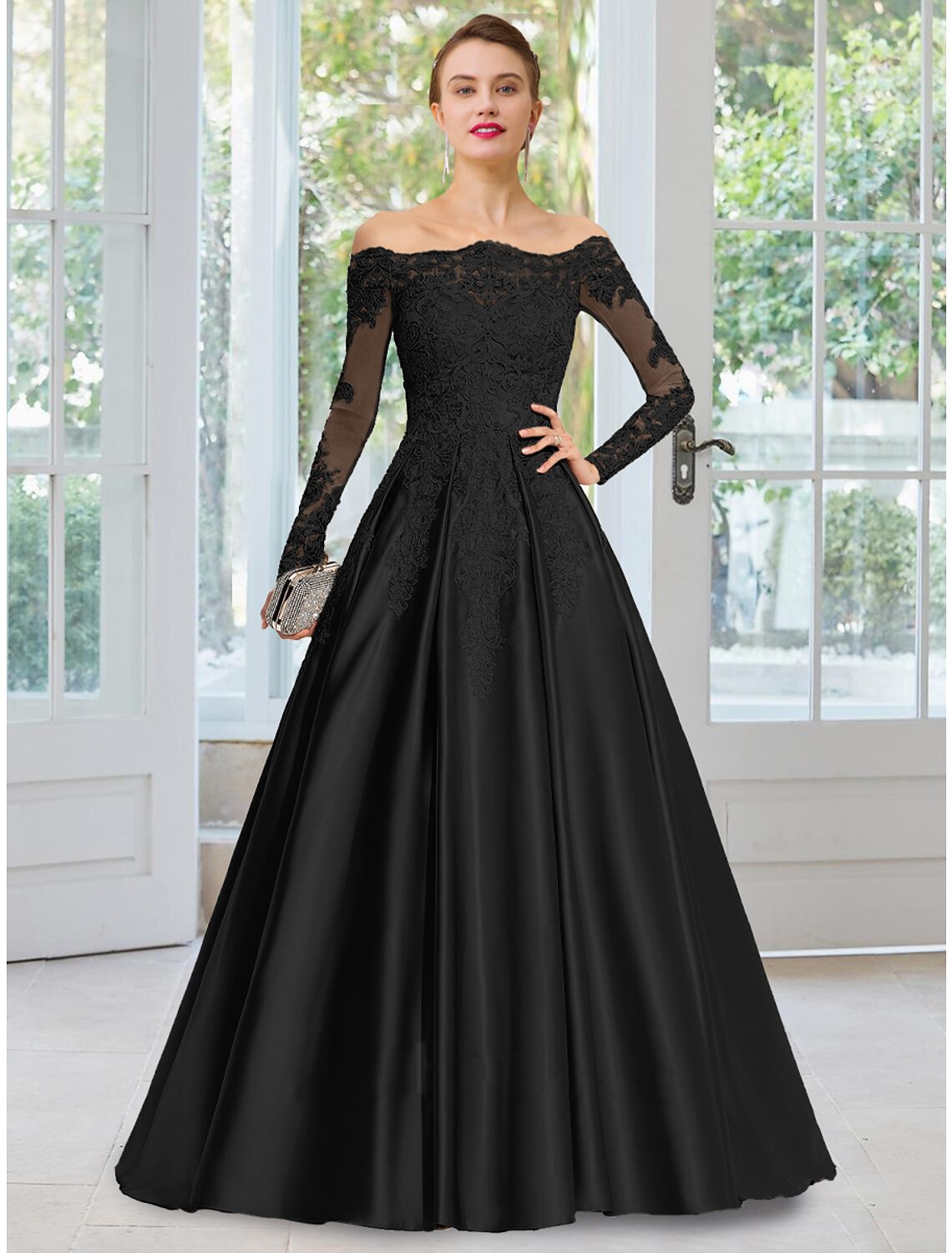 A-Line Evening Gown Floral Dress Formal Black Dress Court Train Long Sleeve Off Shoulder Lace with Appliques by YiHuiw