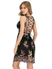 A-Line Cocktail Dresses Glittering Dress Party Wear Cocktail Party Short / Mini Sleeveless Illusion Neck Tulle with Pleats Sequin