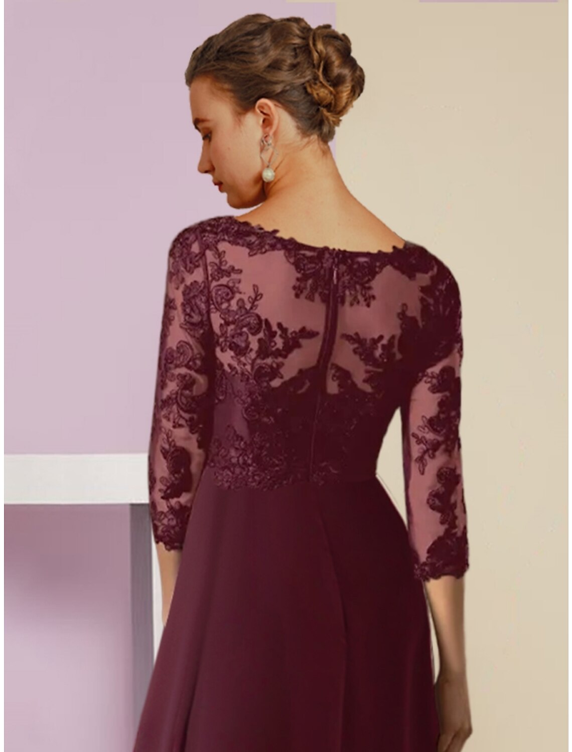 A-Line Mother of the Bride Dress Wedding Guest Vintage Elegant V Neck Asymmetrical Chiffon 3/4 Length Sleeve with Crystal Brooch Ruching by YiHuiw