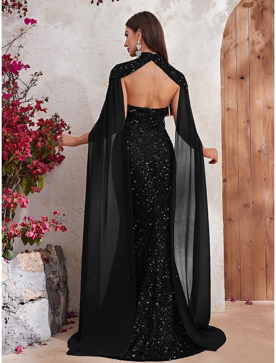 Mermaid / Trumpet Evening Gown Backless Dress Formal Wedding Reception Sweep / Brush Train Sleeveless High Neck Capes Sequined with Sequin by YiHuiw