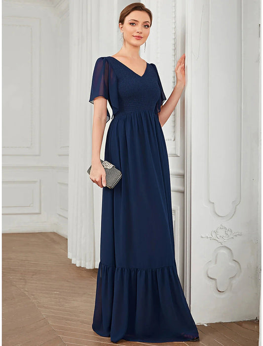 A-Line Prom Dresses Elegant Dress Party Wear Floor Length Short Sleeve V Neck Chiffon with Pleats by YiHuiw