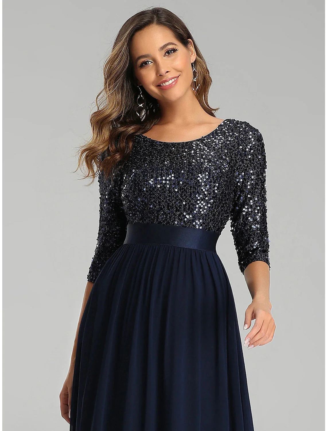 A-Line Elegant Wedding Guest Formal Evening Dress Jewel Neck 3/4 Length Sleeve Floor Length Tulle with Sequin by YiHuiw