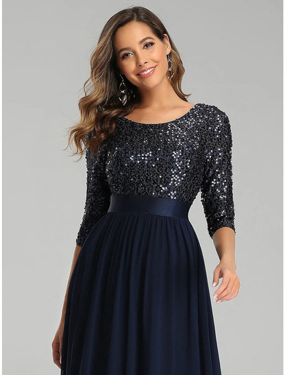 A-Line Elegant Wedding Guest Formal Evening Dress Jewel Neck 3/4 Length Sleeve Floor Length Tulle with Sequin by YiHuiw