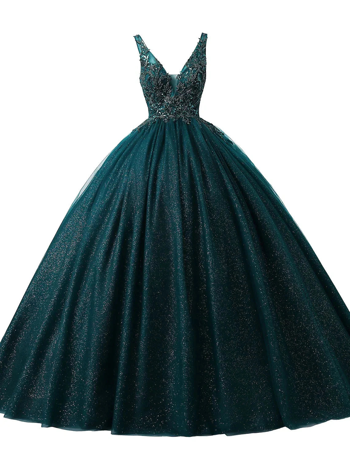 Ball Gown Prom Dresses Sparkle & Shine Dress Quinceanera Floor Length Sleeveless V Neck Tulle with Sequin Appliques by YiHuiw