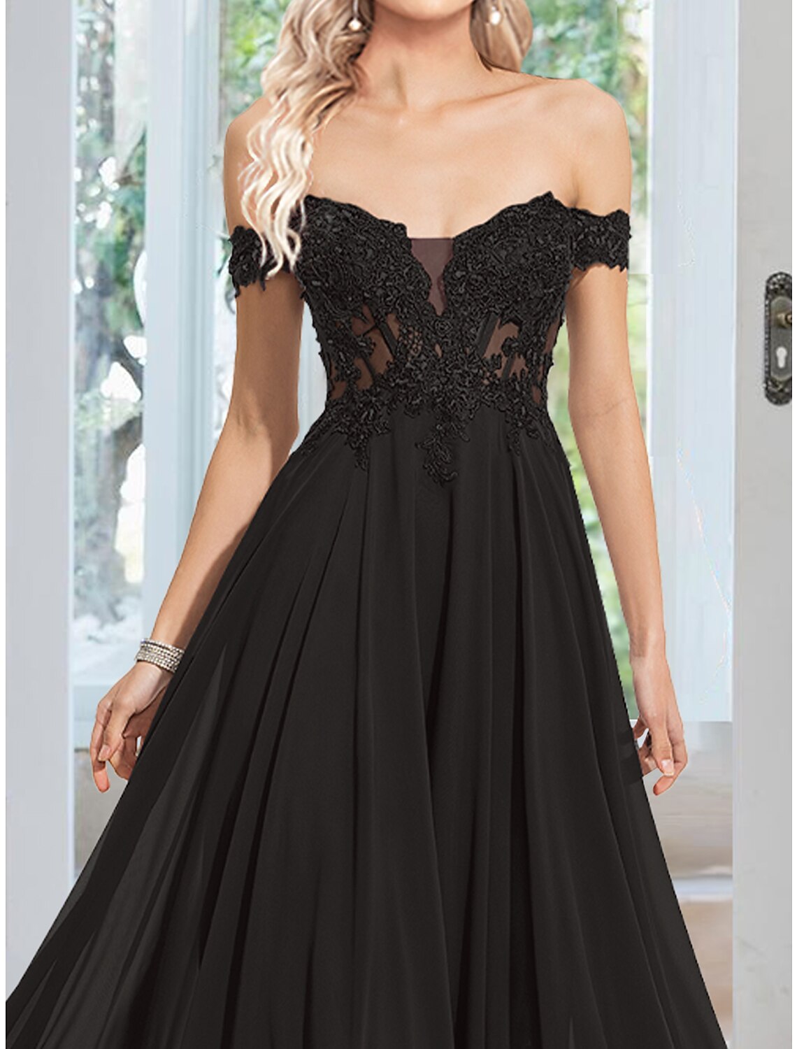 A-Line Evening Gown Floral Dress Prom Floor Length Sleeveless Off Shoulder Chiffon with Appliques by YiHuiw