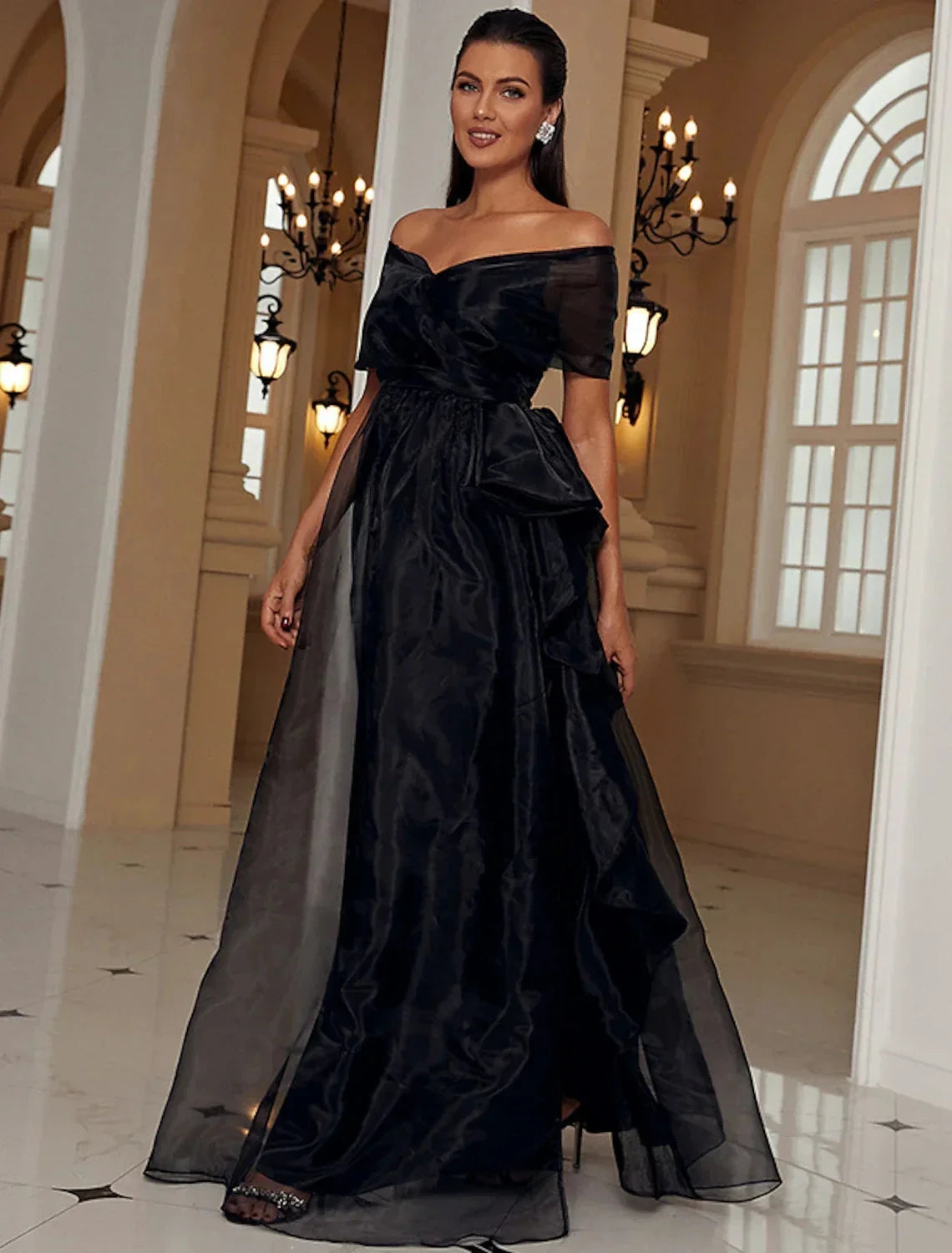 A-Line Evening Gown Sexy Dress Formal Floor Length Short Sleeve Off Shoulder Wednesday Addams Family Polyester with Ruffles Slit by YiHuiw