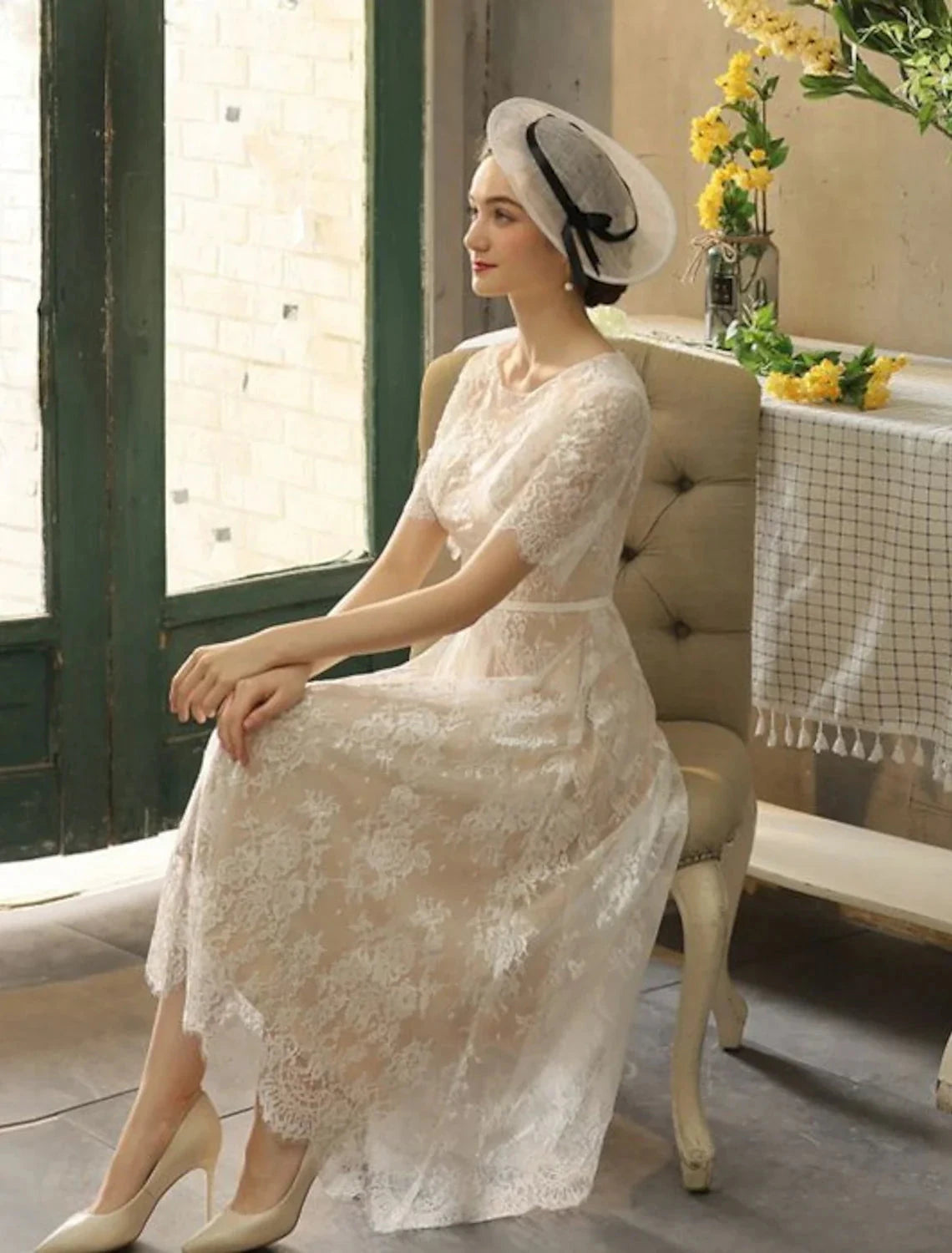Reception Fall Wedding Dresses Little White Dresses in Color A-Line Illusion Neck Half Sleeve Tea Length Lace Bridal Gowns With Sash / Ribbon Appliques Summer Party Women's Clothing by YiHuiw