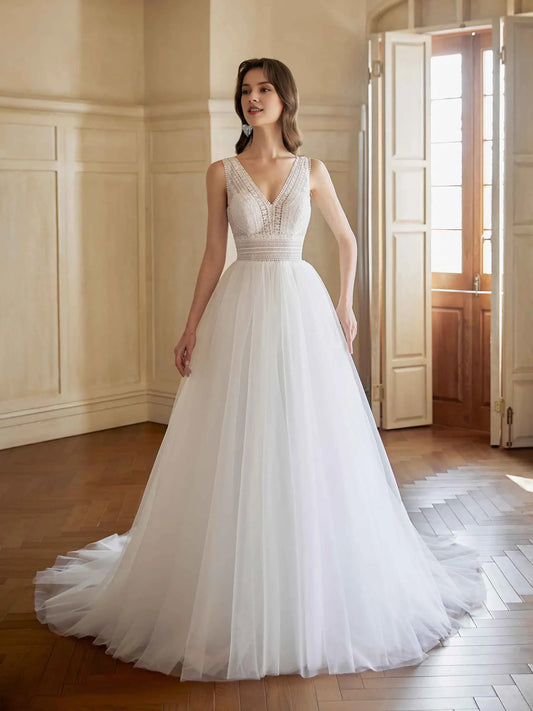 A-Line V-Neck Sleeveless Floor-Length Wedding Dress - Yihuiw by Yihuiw