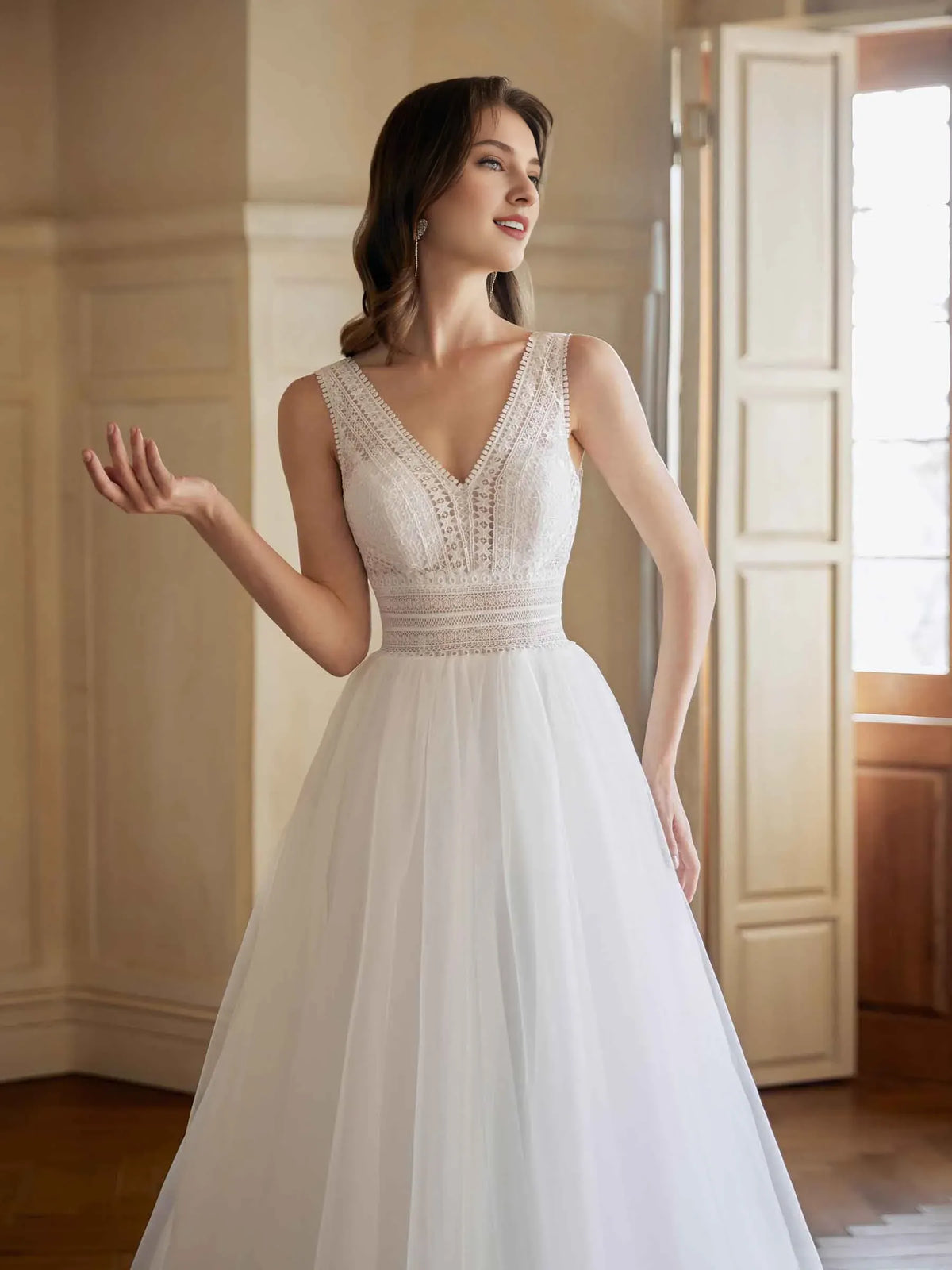 A-Line V-Neck Sleeveless Floor-Length Wedding Dress - Yihuiw by Yihuiw