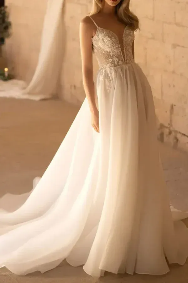 A-Line V-Neck Floor-Length Wedding Dress - Yihuiw by Yihuiw